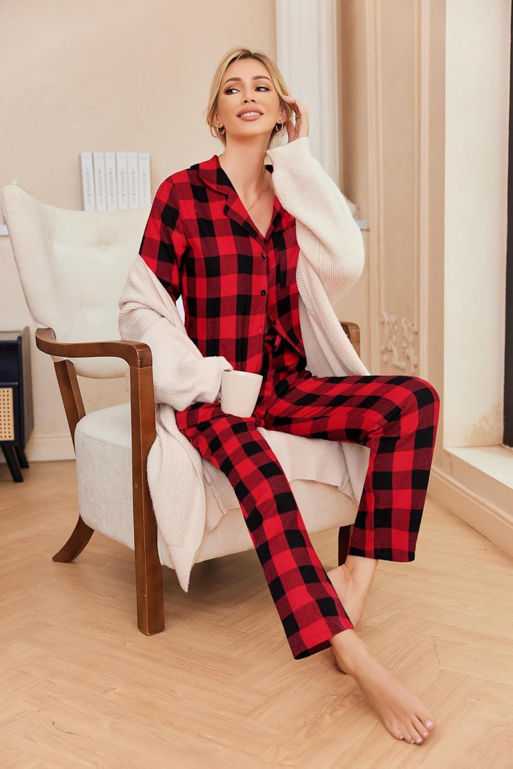 imageEkouaer Pajamas for Women 2 Piece Lounge Set Long Sleeve Plaid Sleepwear Casual 2 Piece Pjs SXXLBlack Red Plaid