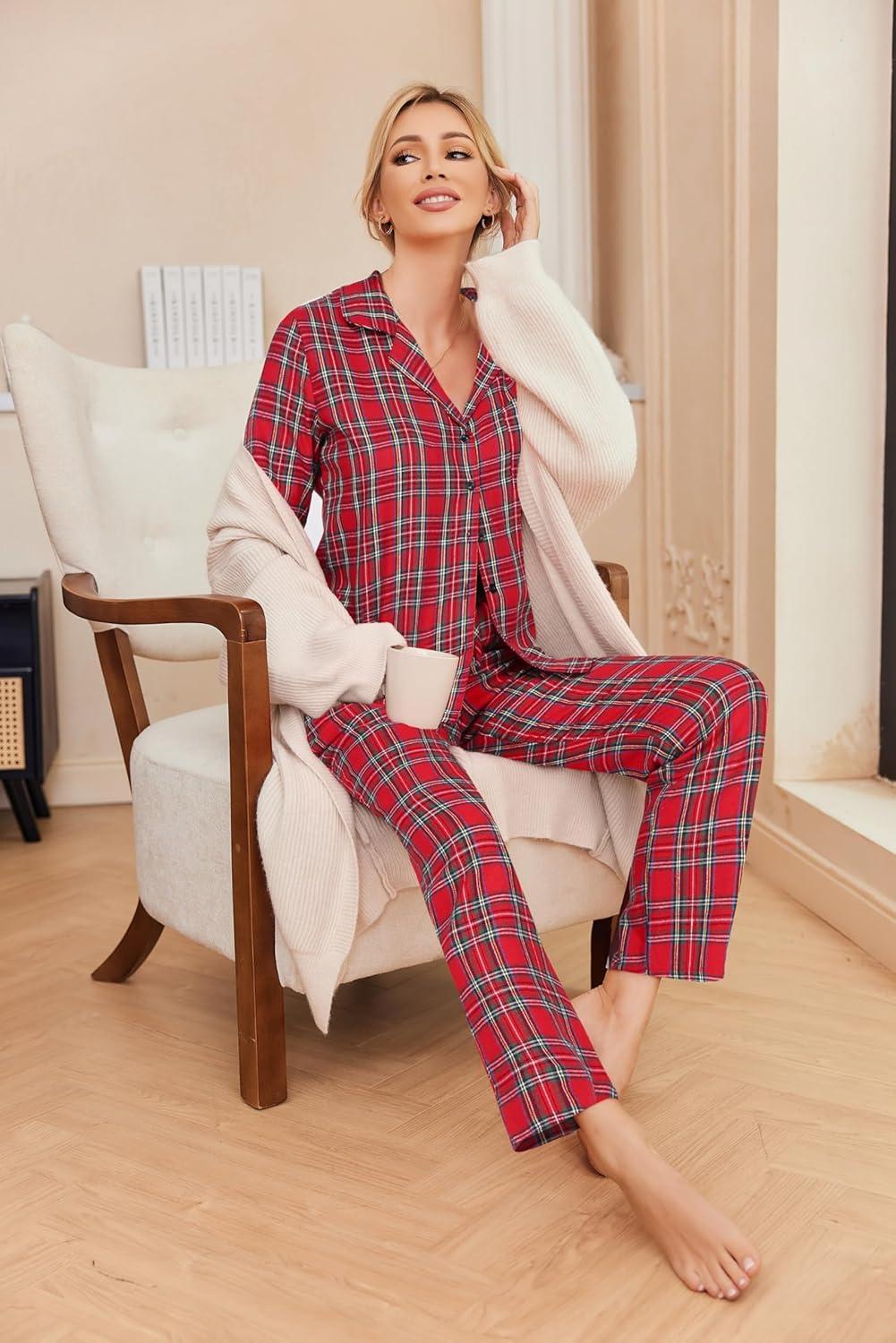 imageEkouaer Pajamas for Women 2 Piece Lounge Set Long Sleeve Plaid Sleepwear Casual 2 Piece Pjs SXXLRed Plaid