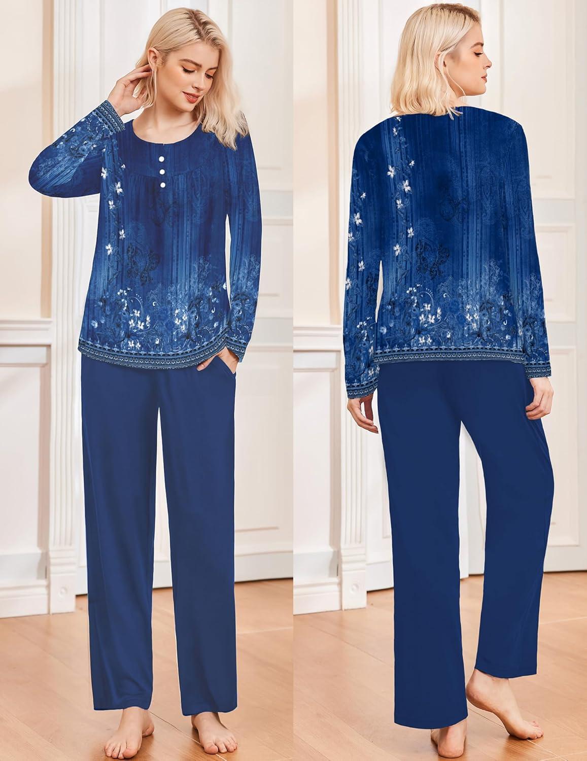 imageEkouaer Pajamas for Women Set Long Sleeve Sleepwear Top amp Pants Pjs Comfy 2 Piece Lounge Set with Pockets SXXLNavy Floral