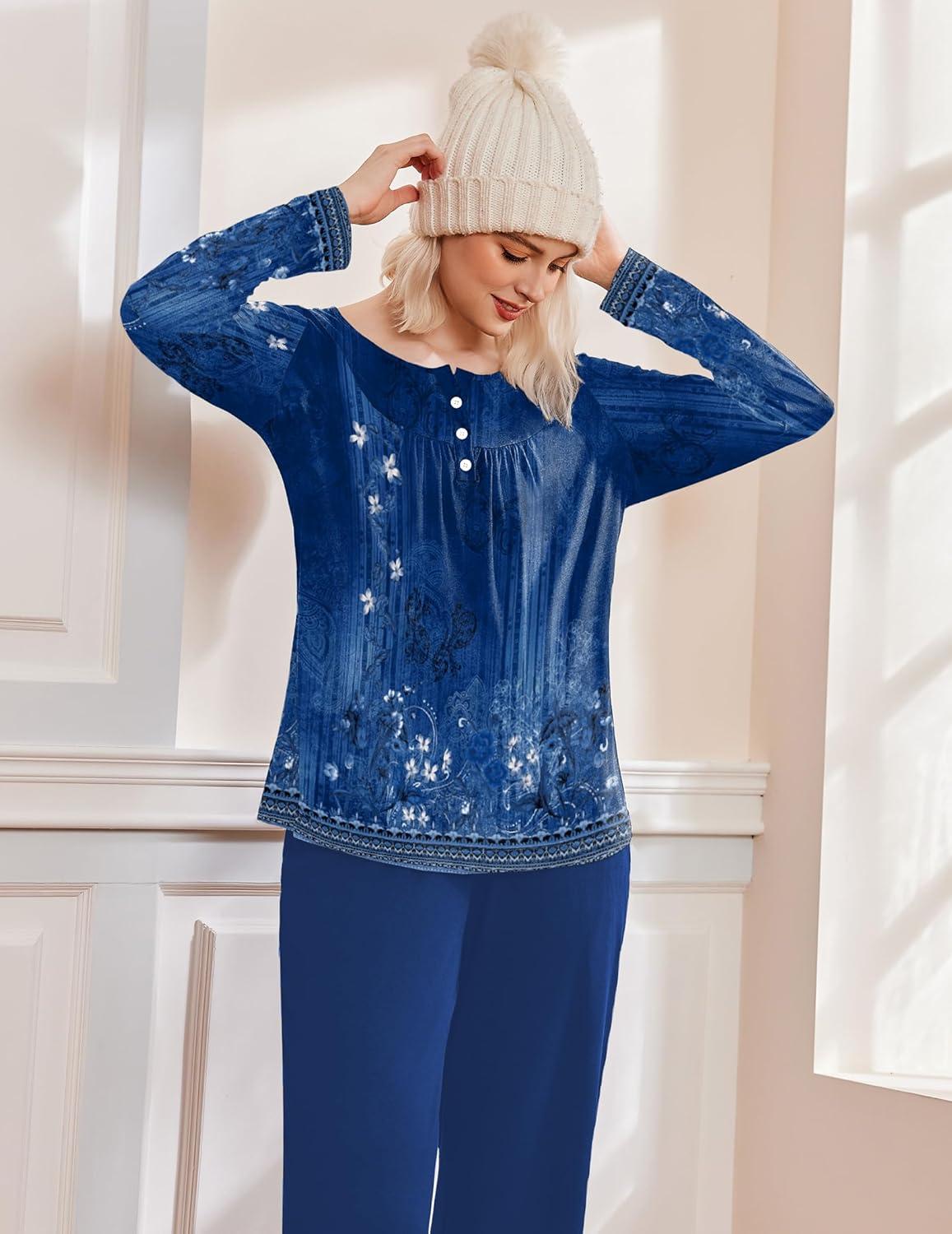 imageEkouaer Pajamas for Women Set Long Sleeve Sleepwear Top amp Pants Pjs Comfy 2 Piece Lounge Set with Pockets SXXLNavy Floral