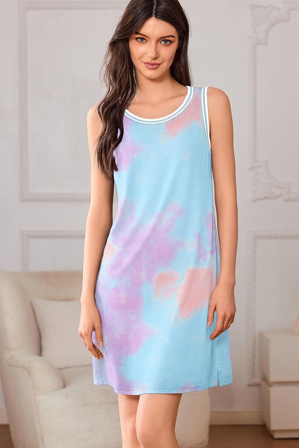 imageEkouaer Tank Nightgowns for Women Sleeveless Sleep Dress Crew Neck Sleep Shirt Comfy Pajama DressColorful Tiedye