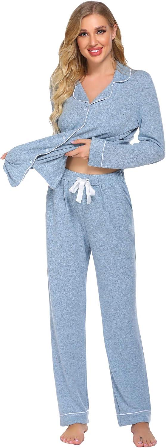 imageEkouaer Womens Pajamas Long Sleeve Sleepwear Casual Button Down Loungewear Soft Pjs Set SXXLBlue