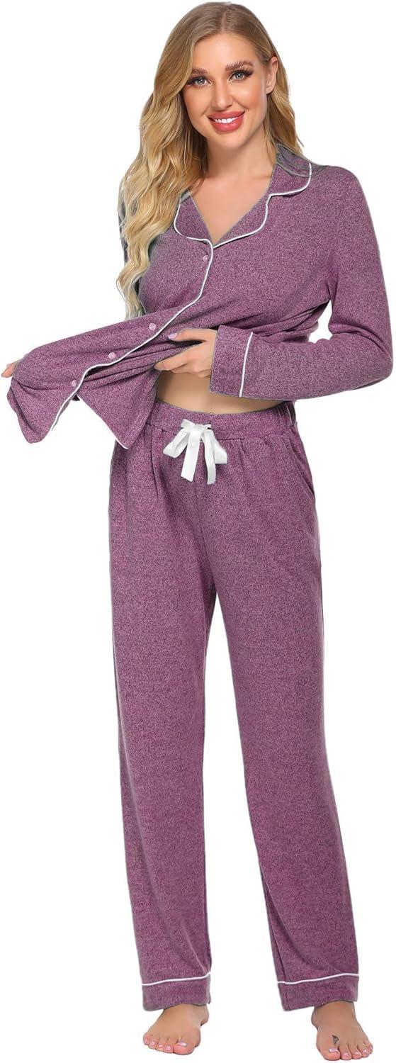imageEkouaer Womens Pajamas Long Sleeve Sleepwear Casual Button Down Loungewear Soft Pjs Set SXXLCherry Red