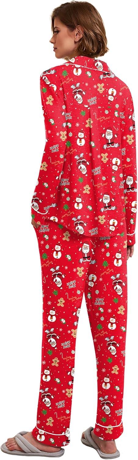 imageEkouaer Womens Pajamas Long Sleeve Sleepwear Casual Button Down Loungewear Soft Pjs Set SXXLChristmas Snowman