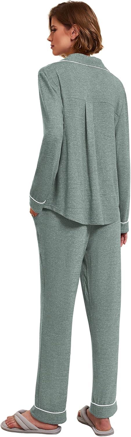 imageEkouaer Womens Pajamas Long Sleeve Sleepwear Casual Button Down Loungewear Soft Pjs Set SXXLDark Green