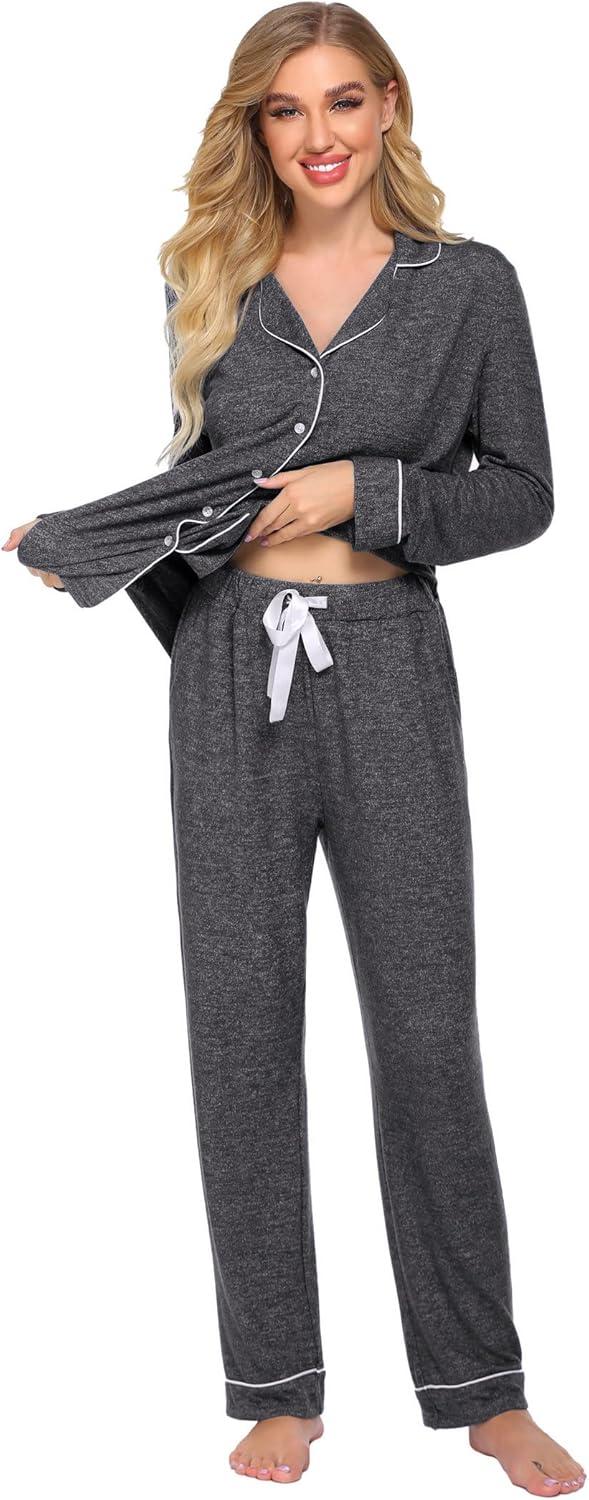 imageEkouaer Womens Pajamas Long Sleeve Sleepwear Casual Button Down Loungewear Soft Pjs Set SXXLDark Grey