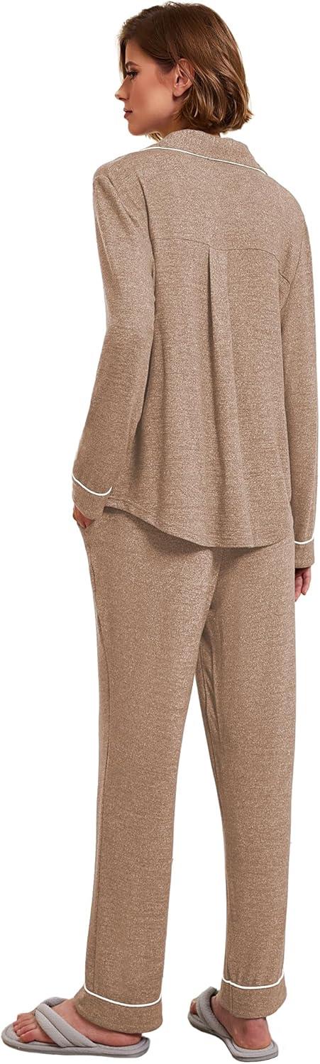 imageEkouaer Womens Pajamas Long Sleeve Sleepwear Casual Button Down Loungewear Soft Pjs Set SXXLLight Brown