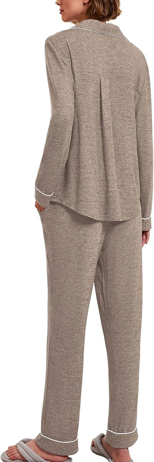 imageEkouaer Womens Pajamas Long Sleeve Sleepwear Casual Button Down Loungewear Soft Pjs Set SXXLLight Grey Khaki