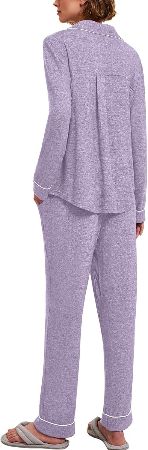 imageEkouaer Womens Pajamas Long Sleeve Sleepwear Casual Button Down Loungewear Soft Pjs Set SXXLLight Purple