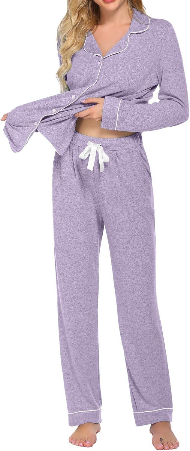 imageEkouaer Womens Pajamas Long Sleeve Sleepwear Casual Button Down Loungewear Soft Pjs Set SXXLLight Purple