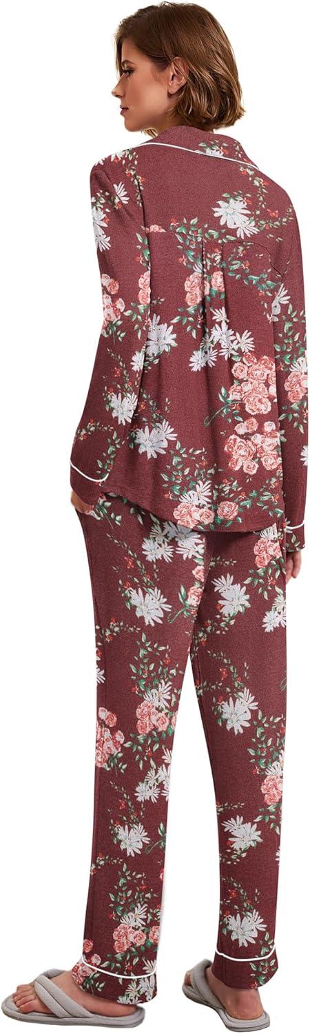 imageEkouaer Womens Pajamas Long Sleeve Sleepwear Casual Button Down Loungewear Soft Pjs Set SXXLRed Floral