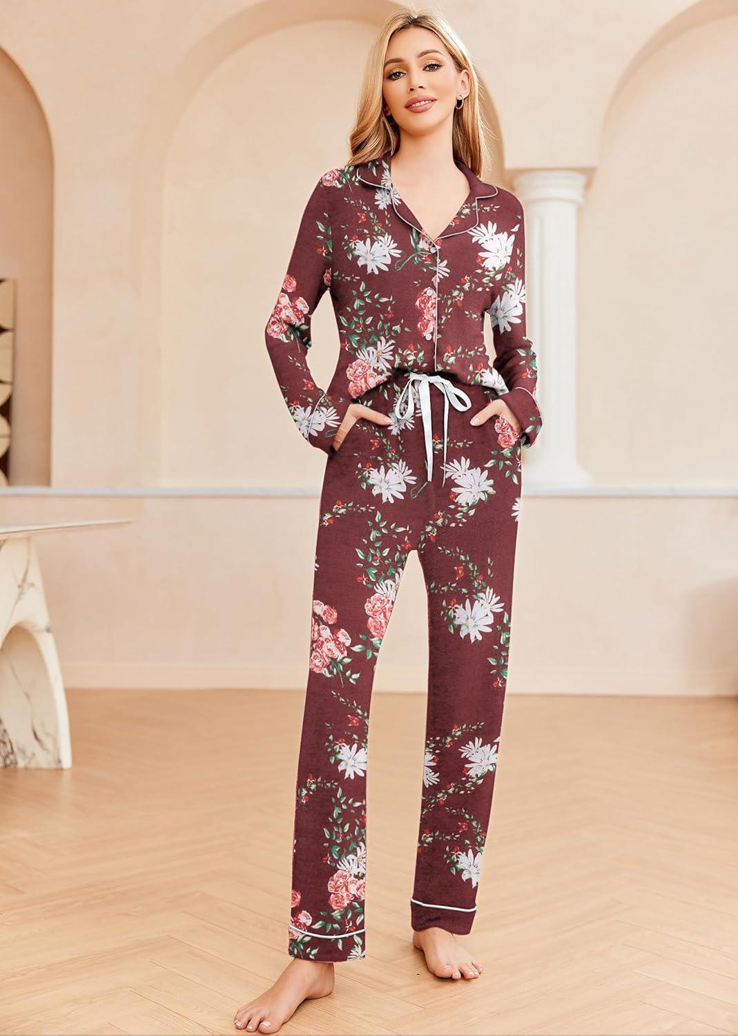 imageEkouaer Womens Pajamas Long Sleeve Sleepwear Casual Button Down Loungewear Soft Pjs Set SXXLRed Floral