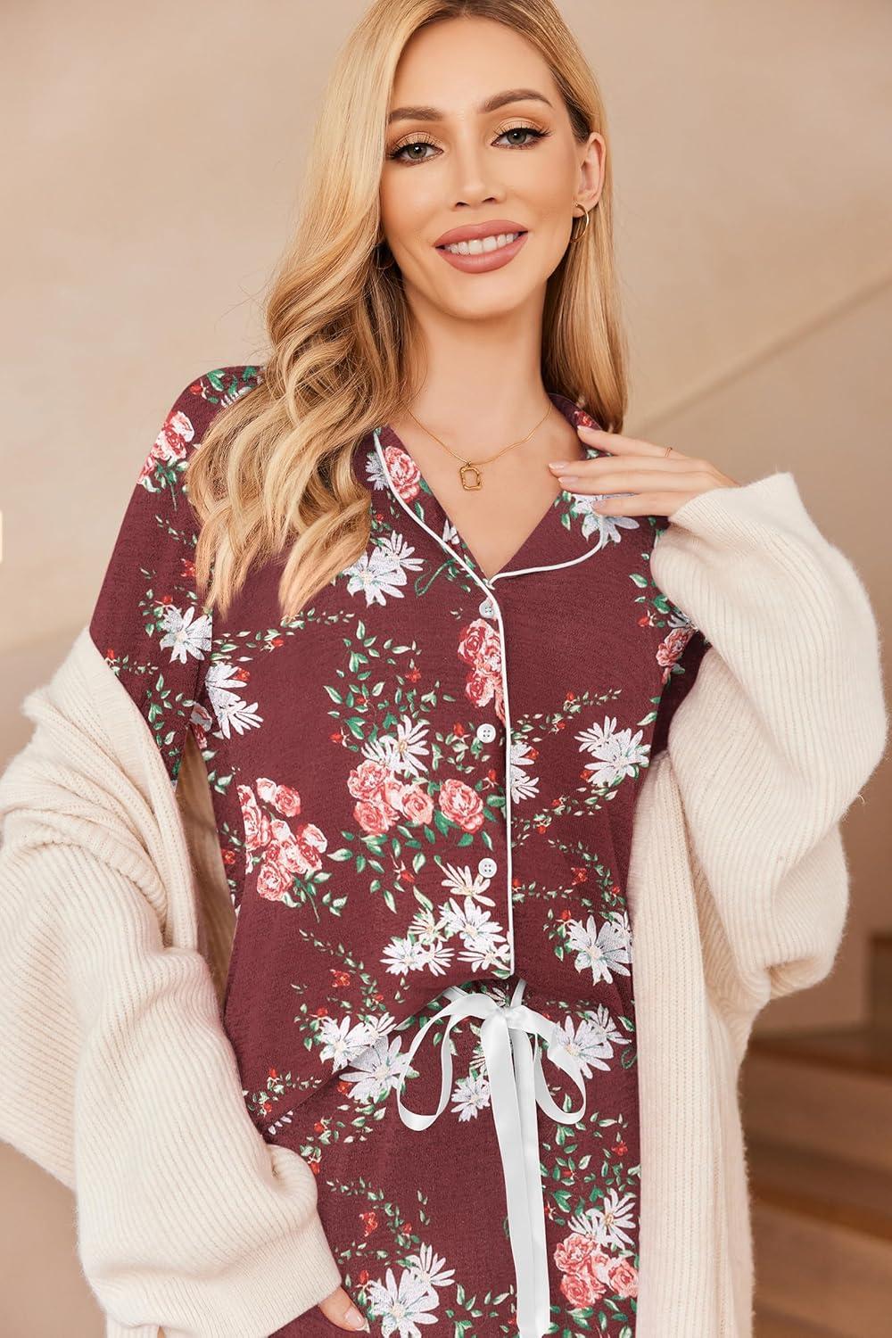imageEkouaer Womens Pajamas Long Sleeve Sleepwear Casual Button Down Loungewear Soft Pjs Set SXXLRed Floral