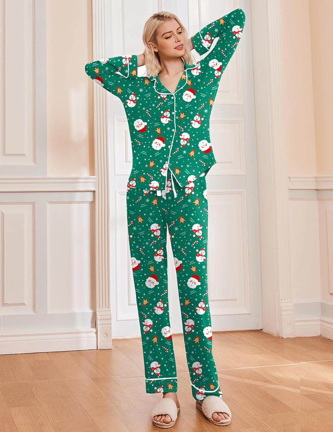 imageEkouaer Womens Pajamas Long Sleeve Sleepwear Casual Button Down Loungewear Soft Pjs Set SXXLSanta Claus