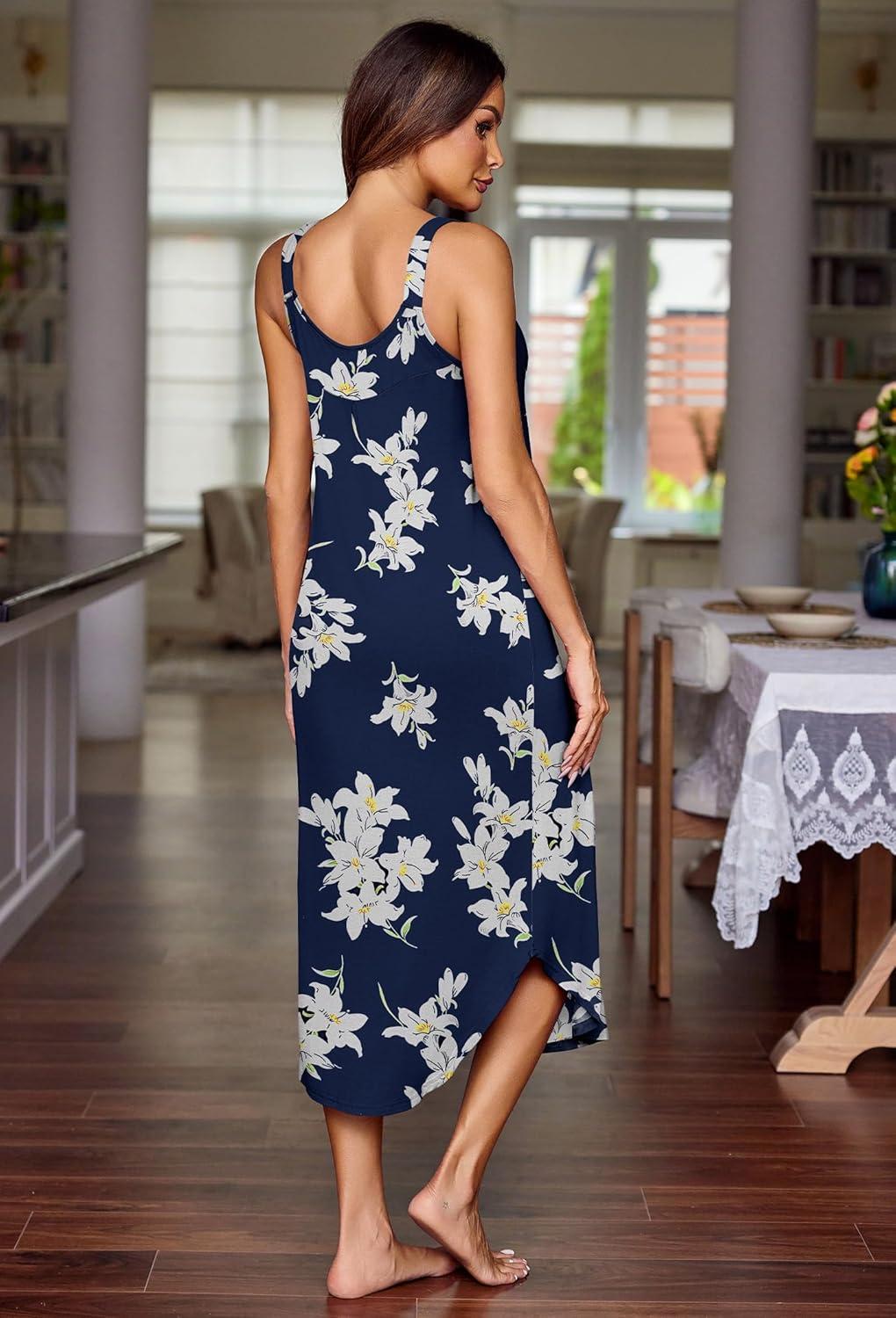 imageEkouaer Womens Sleeveless Nightgown Long Nightgowns for Women Full Slip Soft Nightshirt Wide Strap Sleepwear Lounge DressesBlue Floral