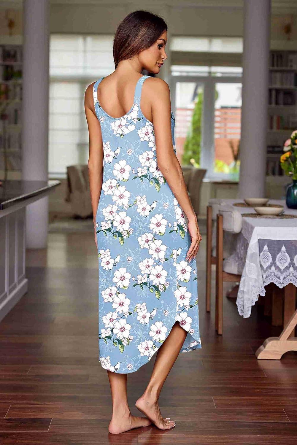 imageEkouaer Womens Sleeveless Nightgown Long Nightgowns for Women Full Slip Soft Nightshirt Wide Strap Sleepwear Lounge DressesLight Blue Floral
