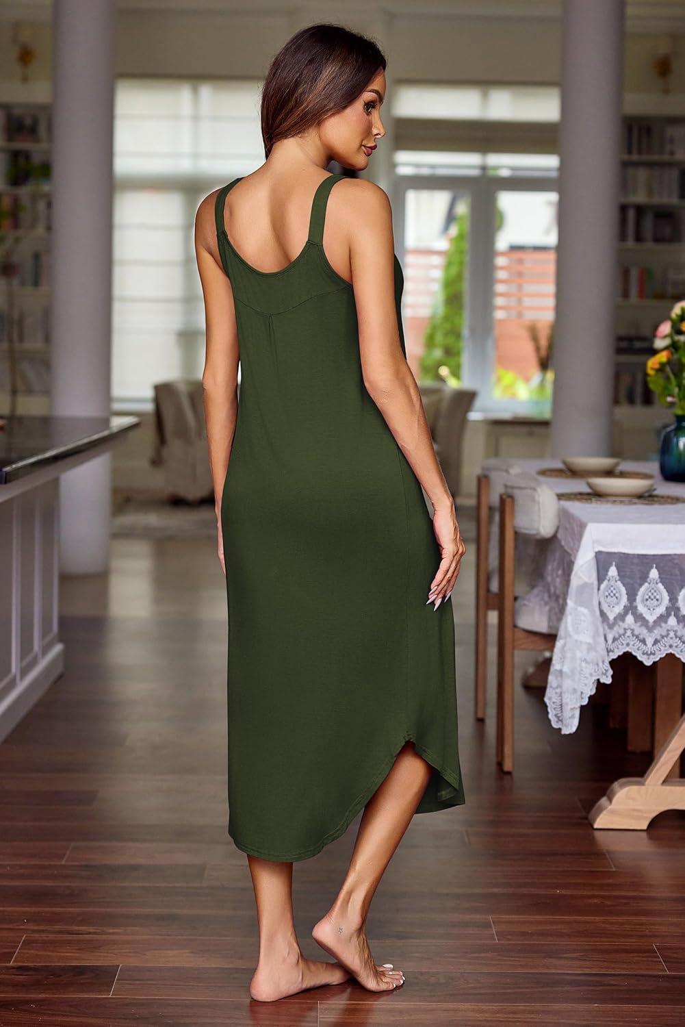 imageEkouaer Womens Sleeveless Nightgown Long Nightgowns for Women Full Slip Soft Nightshirt Wide Strap Sleepwear Lounge DressesMilitary Green