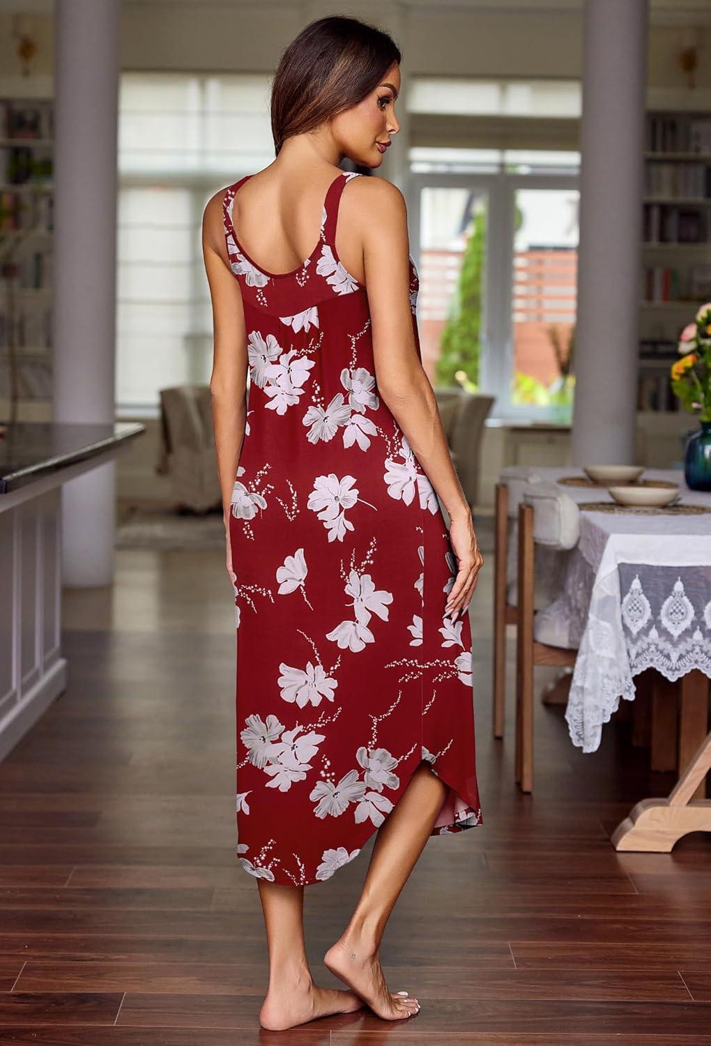 imageEkouaer Womens Sleeveless Nightgown Long Nightgowns for Women Full Slip Soft Nightshirt Wide Strap Sleepwear Lounge DressesRed Floral