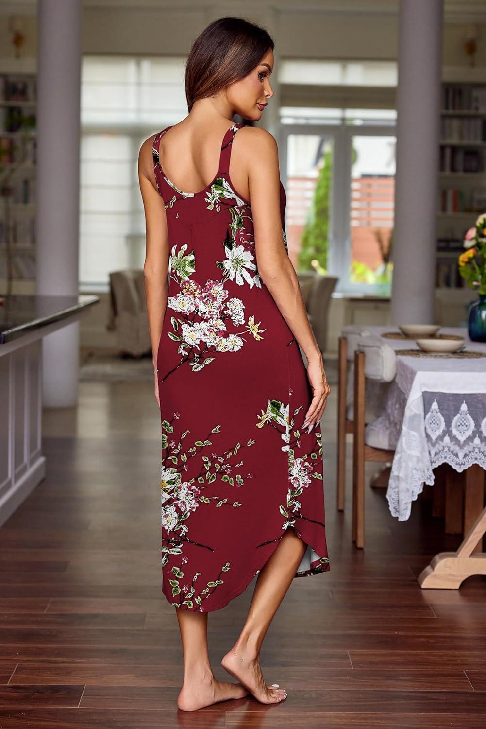 imageEkouaer Womens Sleeveless Nightgown Long Nightgowns for Women Full Slip Soft Nightshirt Wide Strap Sleepwear Lounge DressesRed Flowers