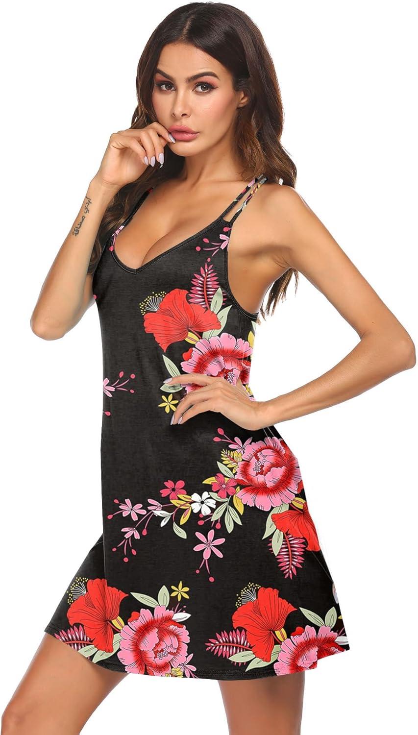 imageEkouaer Womens V Neck Sleeveless NightgownBlack Red Floral
