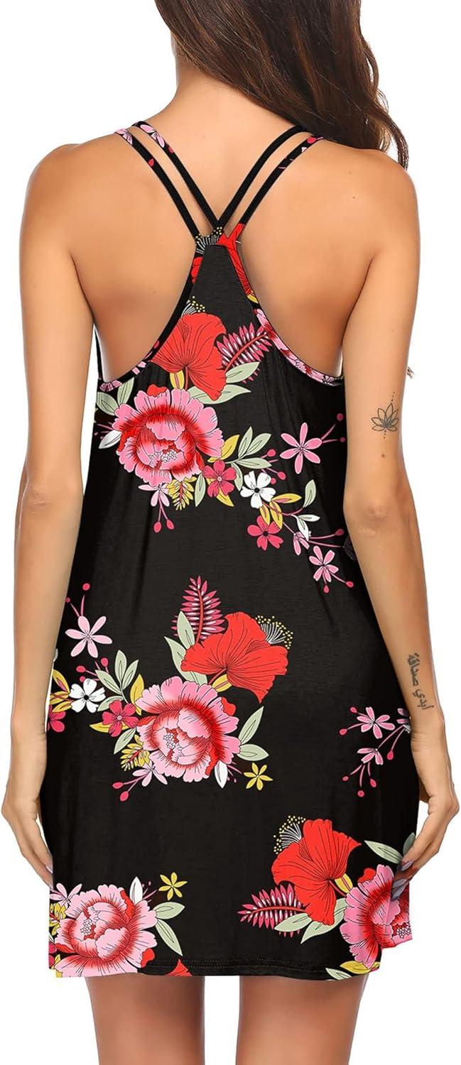 imageEkouaer Womens V Neck Sleeveless NightgownBlack Red Floral