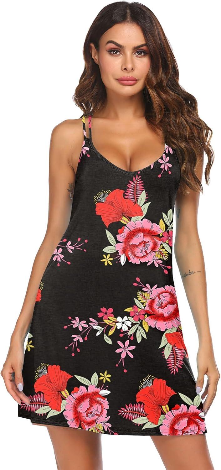 imageEkouaer Womens V Neck Sleeveless NightgownBlack Red Floral