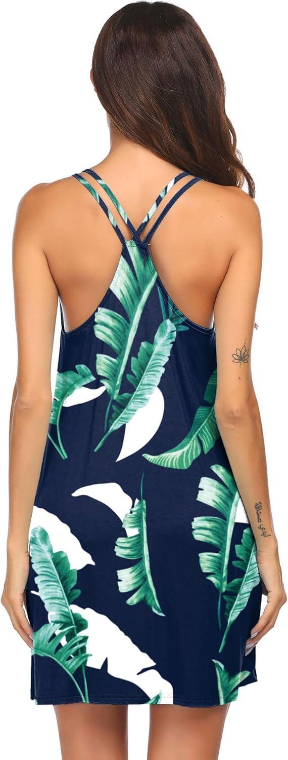 imageEkouaer Womens V Neck Sleeveless NightgownNavy Leaf