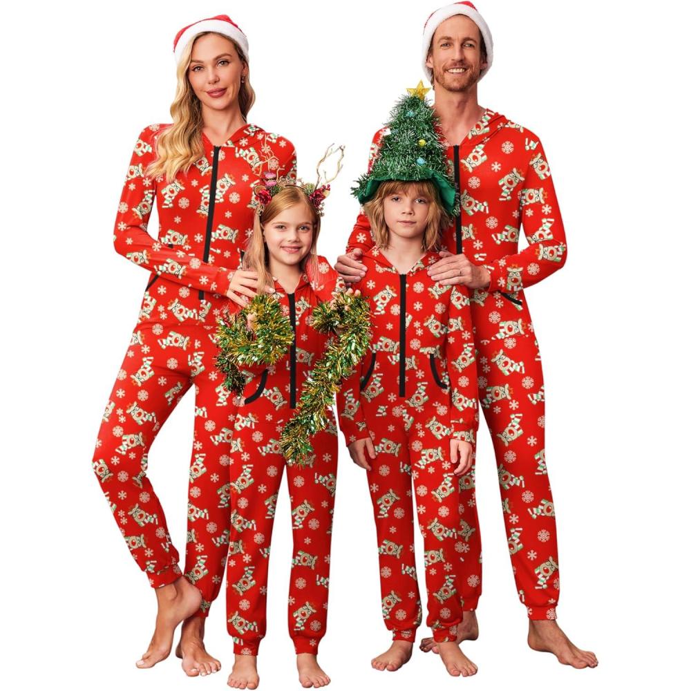 imageEkouaer Christmas Matching Family Onesie Pajamas Hoodie One Piece Pajamas Zipper Thermal Sleepwear with Pockets Family Red Elk Print M