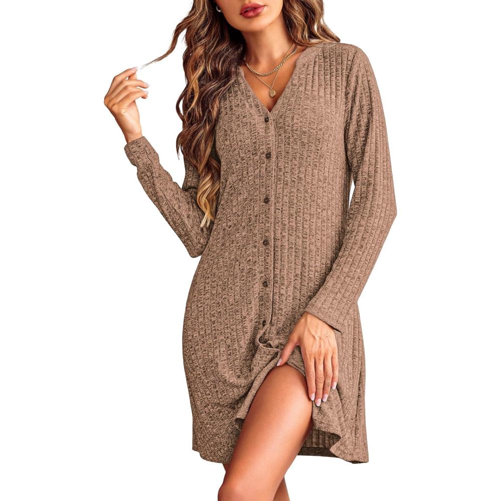 imageEkouaer Nightgowns for Women Button Down Night Shirt Long Sleeve Ribbed Knit VNeck Sleepwear Pajama DressBrown