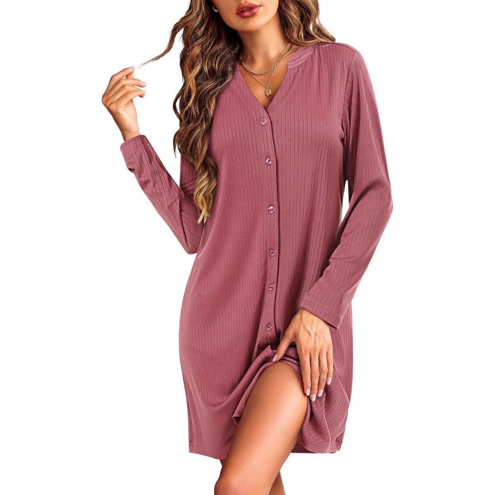 imageEkouaer Nightgowns for Women Button Down Night Shirt Long Sleeve Ribbed Knit VNeck Sleepwear Pajama DressDark Pink