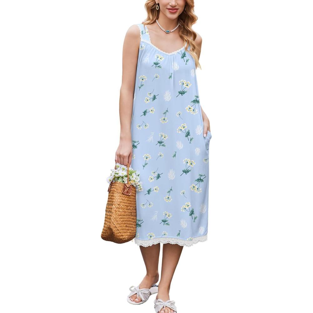 imageEkouaer Nightgowns for Women Sleeveless Night Gown Victorian Sleep Shirt with Pockets Ladies Pjs Lace Trim Sleepwear SXXLBlue Dandelion