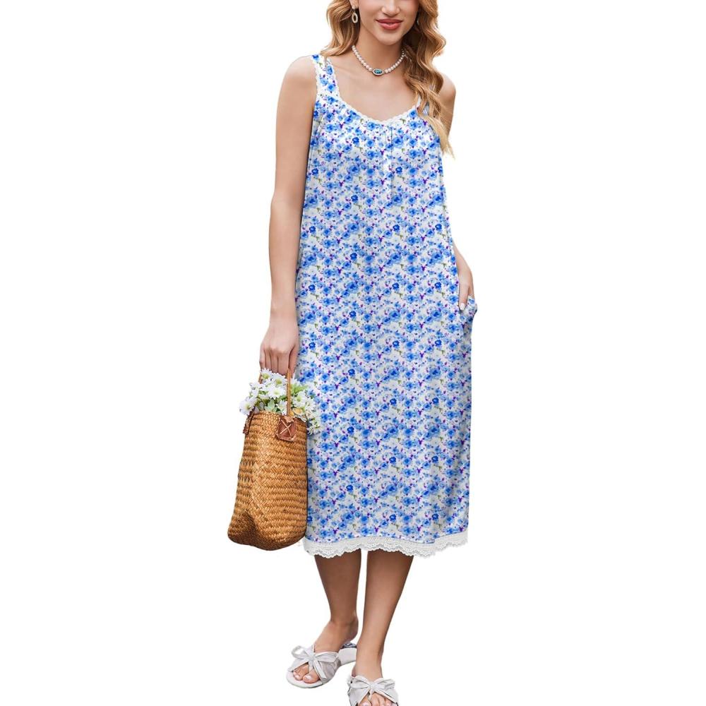 imageEkouaer Nightgowns for Women Sleeveless Night Gown Victorian Sleep Shirt with Pockets Ladies Pjs Lace Trim Sleepwear SXXLBlue Pueple Flower