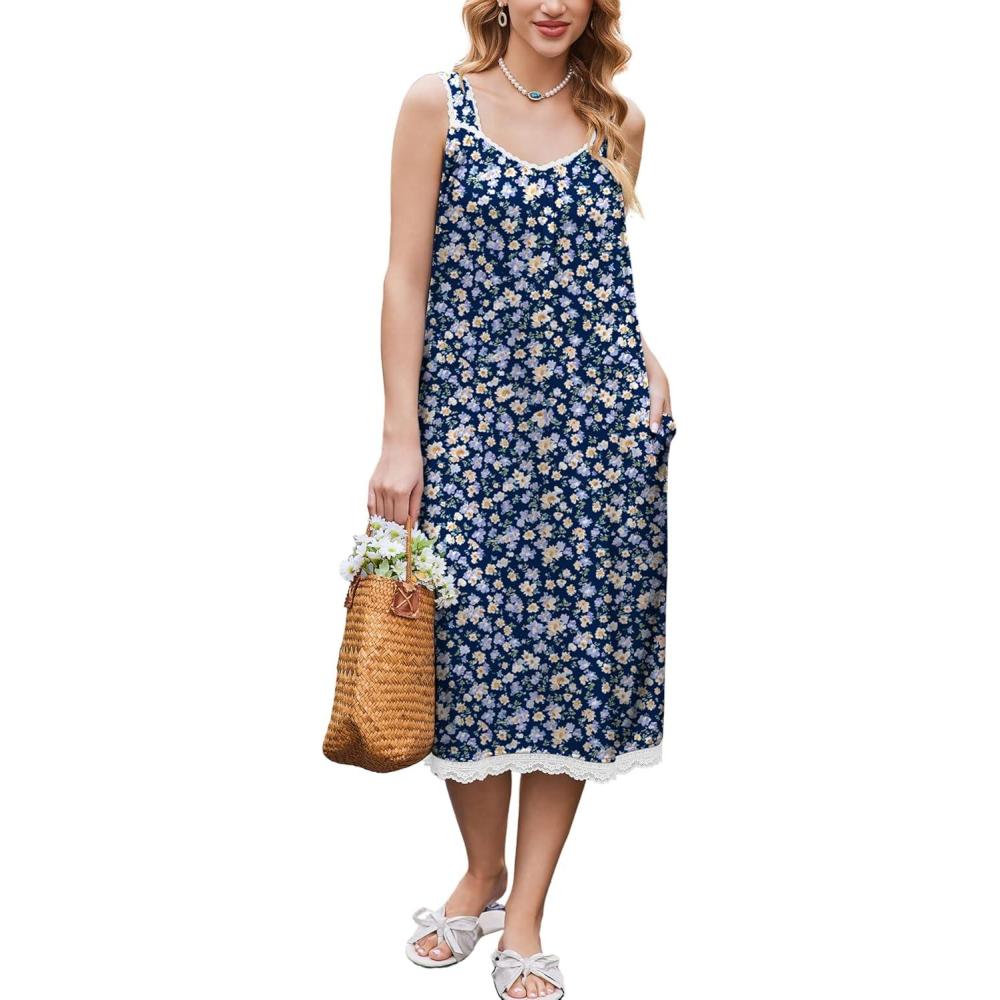 imageEkouaer Nightgowns for Women Sleeveless Night Gown Victorian Sleep Shirt with Pockets Ladies Pjs Lace Trim Sleepwear SXXLBlue Yellow Flower