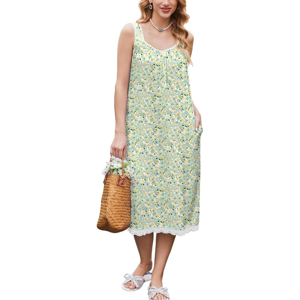 imageEkouaer Nightgowns for Women Sleeveless Night Gown Victorian Sleep Shirt with Pockets Ladies Pjs Lace Trim Sleepwear SXXLGreen Yellow Flowers