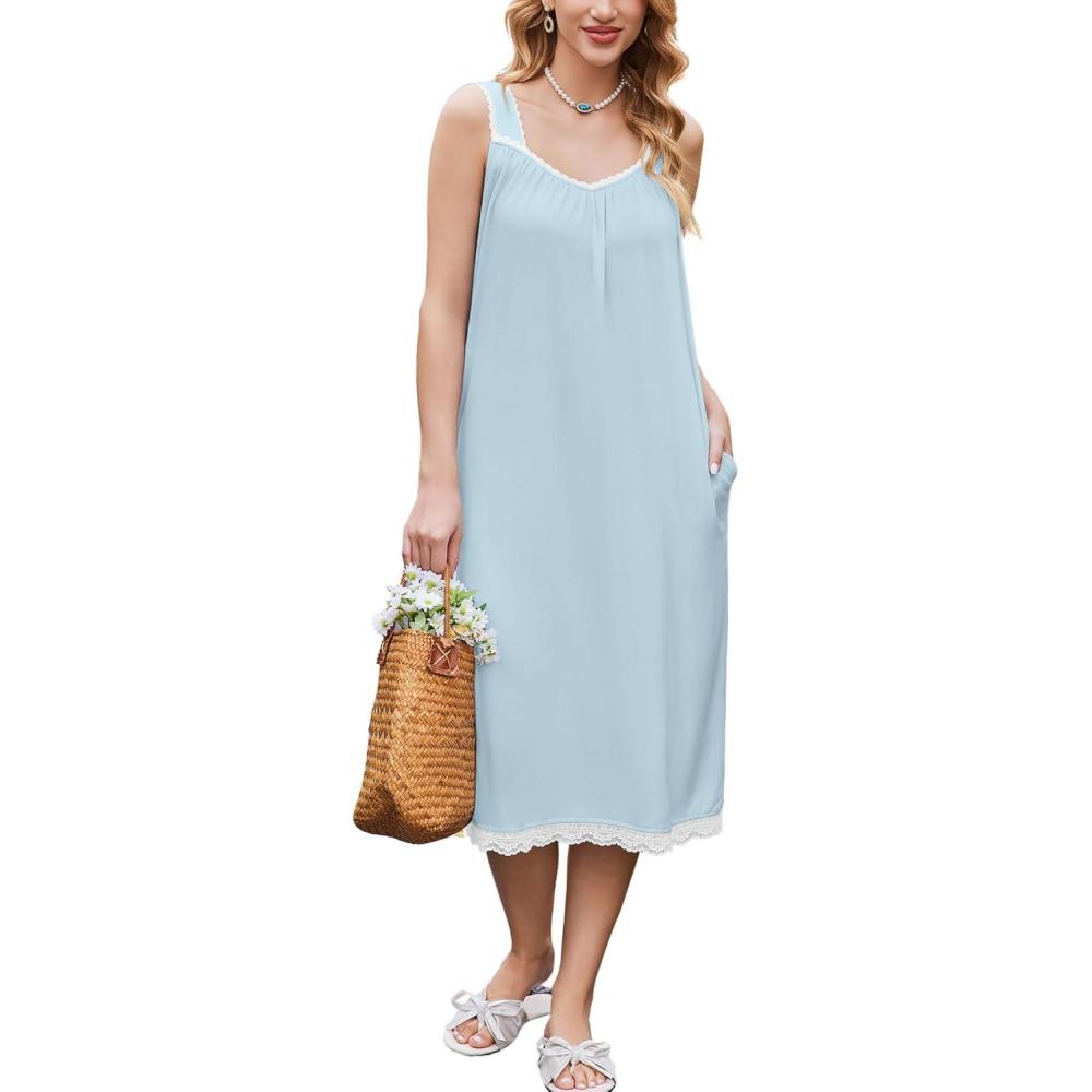 imageEkouaer Nightgowns for Women Sleeveless Night Gown Victorian Sleep Shirt with Pockets Ladies Pjs Lace Trim Sleepwear SXXLLight Blue