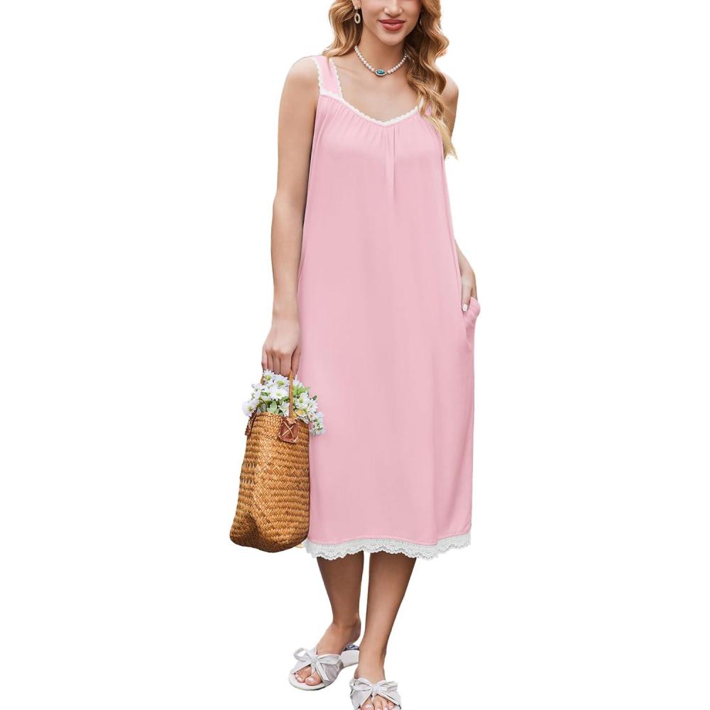 imageEkouaer Nightgowns for Women Sleeveless Night Gown Victorian Sleep Shirt with Pockets Ladies Pjs Lace Trim Sleepwear SXXLPink