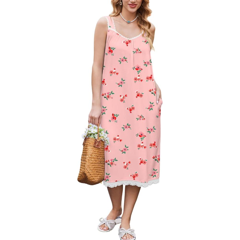 imageEkouaer Nightgowns for Women Sleeveless Night Gown Victorian Sleep Shirt with Pockets Ladies Pjs Lace Trim Sleepwear SXXLPink Flower