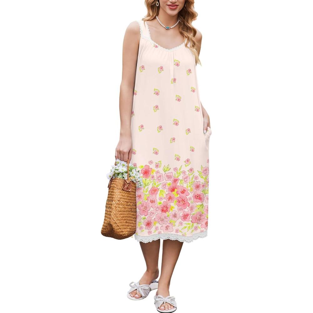 imageEkouaer Nightgowns for Women Sleeveless Night Gown Victorian Sleep Shirt with Pockets Ladies Pjs Lace Trim Sleepwear SXXLWatercolor Flowerspink
