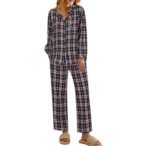 imageEkouaer Pajamas for Women 2 Piece Lounge Set Long Sleeve Plaid Sleepwear Casual 2 Piece Pjs SXXLBlack Pink Plaid