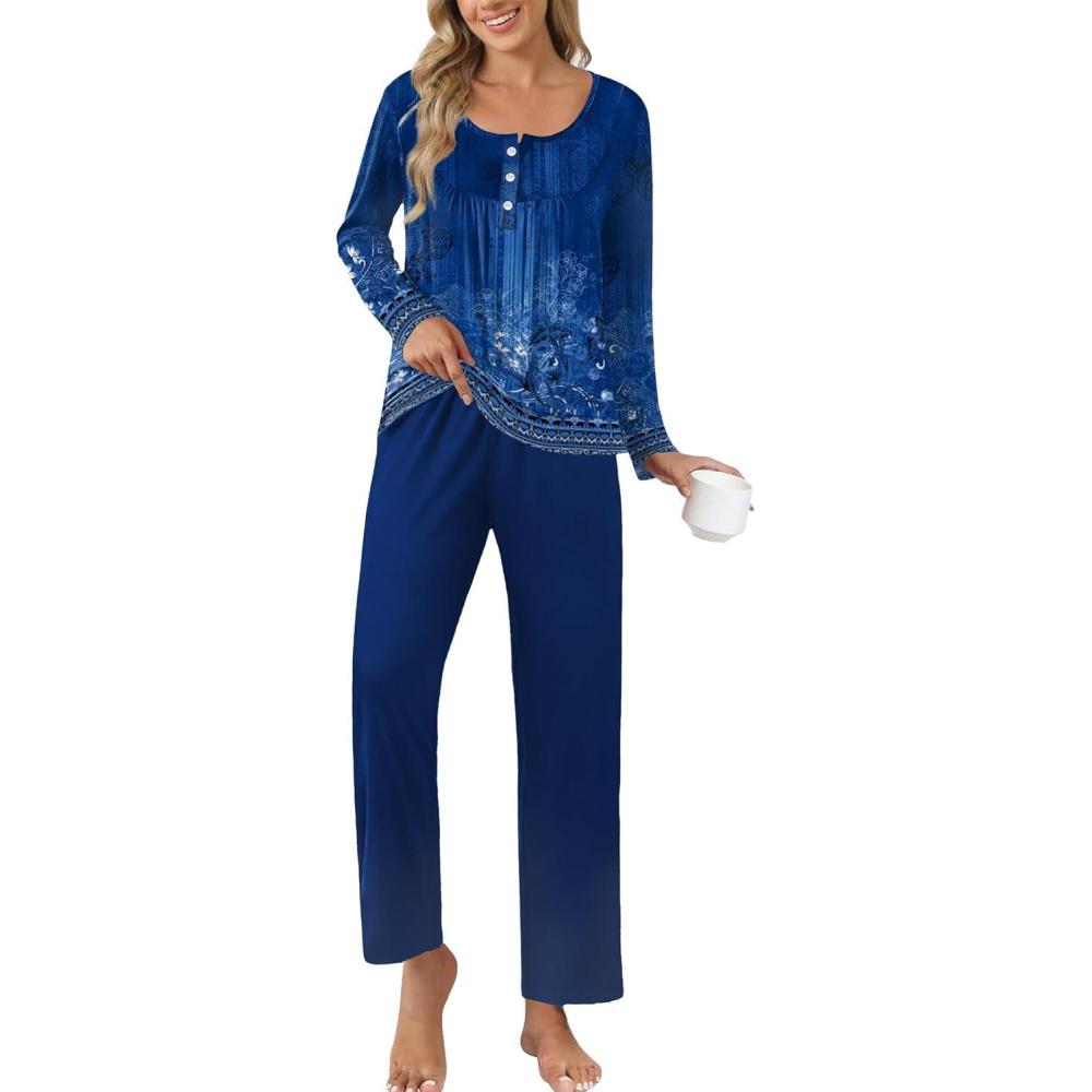 imageEkouaer Pajamas for Women Set Long Sleeve Sleepwear Top amp Pants Pjs Comfy 2 Piece Lounge Set with Pockets SXXLNavy Floral
