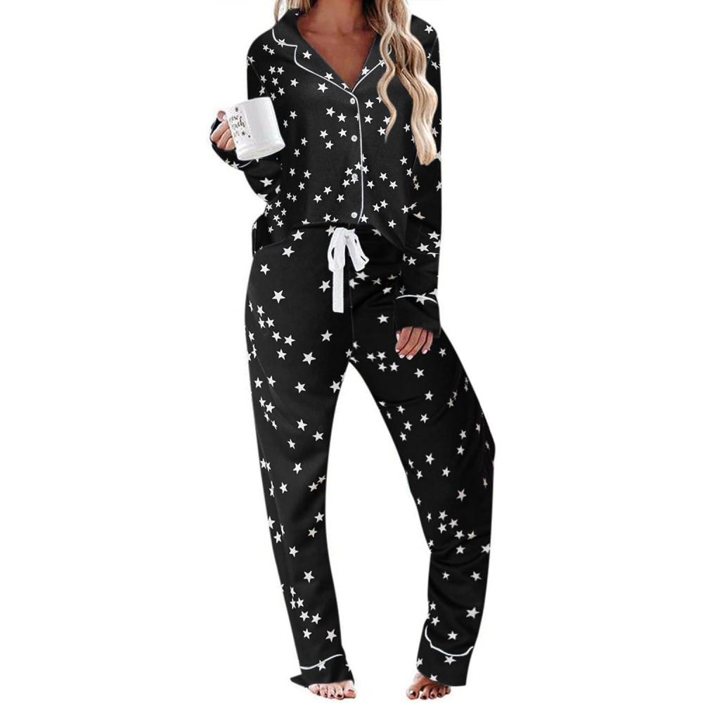 imageEkouaer Womens Pajamas Long Sleeve Sleepwear Casual Button Down Loungewear Soft Pjs Set SXXLBlack With Stars