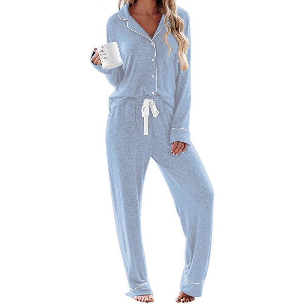 imageEkouaer Womens Pajamas Long Sleeve Sleepwear Casual Button Down Loungewear Soft Pjs Set SXXLBlue