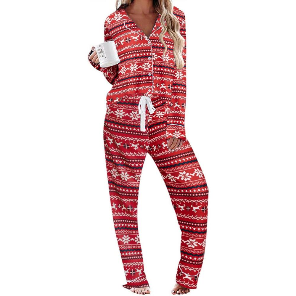imageEkouaer Womens Pajamas Long Sleeve Sleepwear Casual Button Down Loungewear Soft Pjs Set SXXLChristmas Pattern