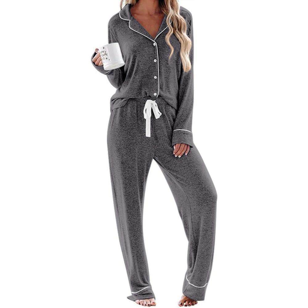 imageEkouaer Womens Pajamas Long Sleeve Sleepwear Casual Button Down Loungewear Soft Pjs Set SXXLFlower Grey