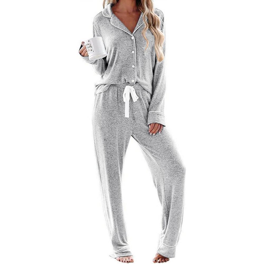 imageEkouaer Womens Pajamas Long Sleeve Sleepwear Casual Button Down Loungewear Soft Pjs Set SXXLLight Grey