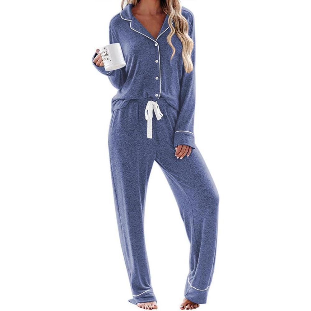 imageEkouaer Womens Pajamas Long Sleeve Sleepwear Casual Button Down Loungewear Soft Pjs Set SXXLNavy