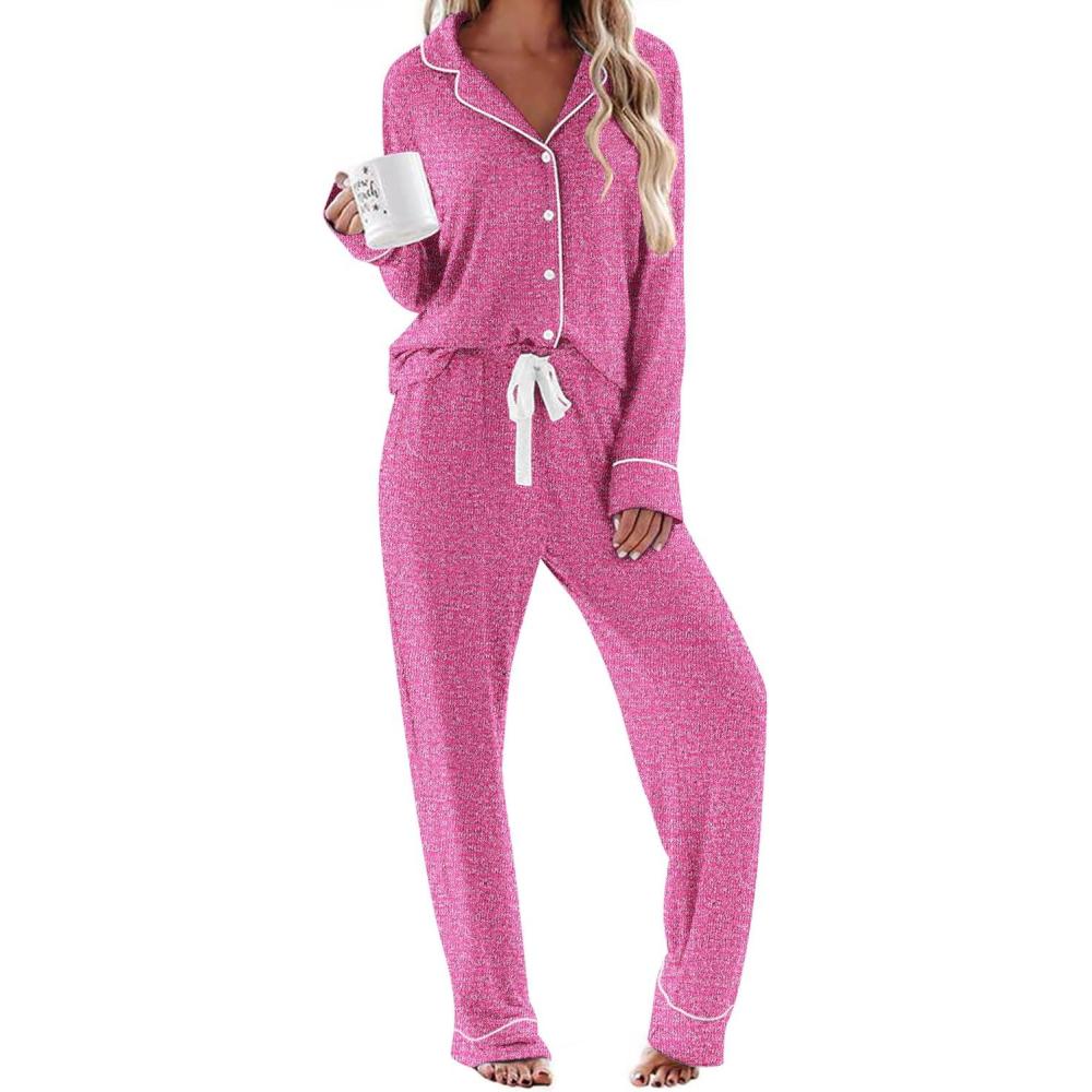 imageEkouaer Womens Pajamas Long Sleeve Sleepwear Casual Button Down Loungewear Soft Pjs Set SXXLRosy