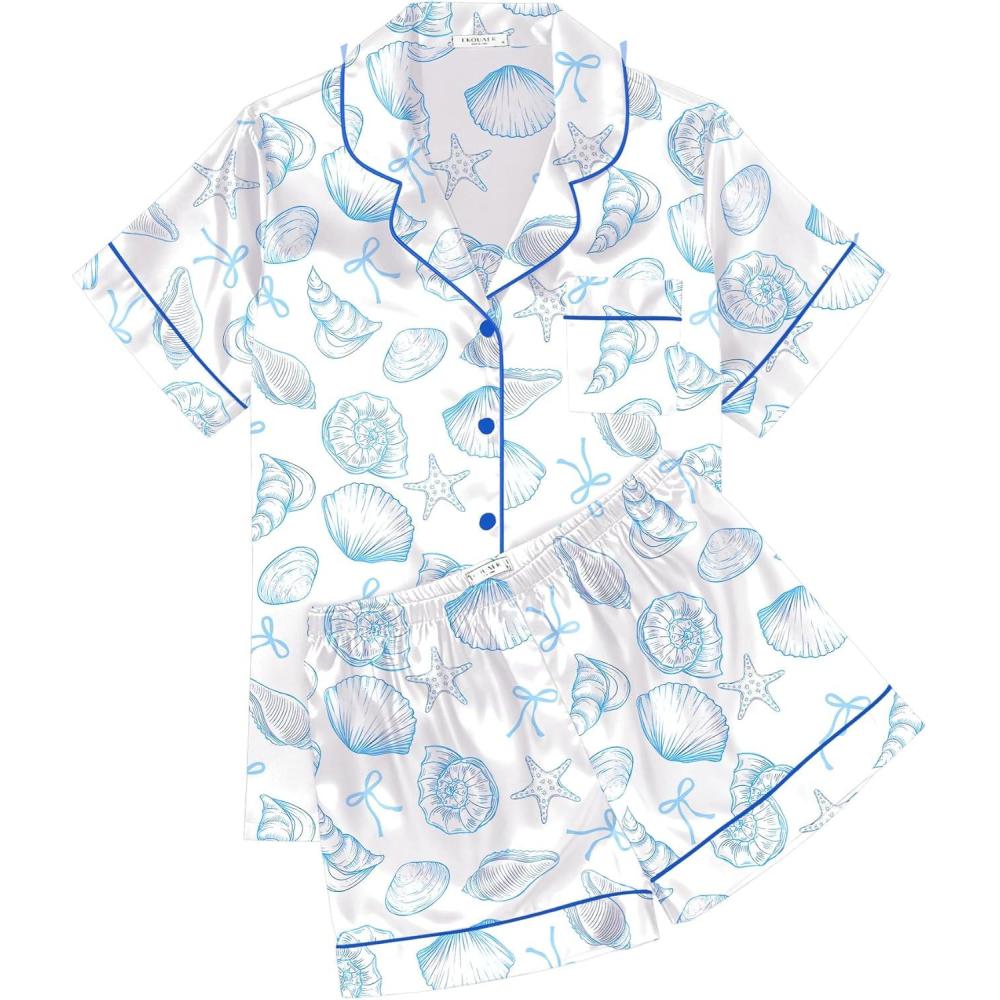 imageEkouaer Womens Silk Satin Pajama Sets Soft Short Sleeve Button Down Sleepwear Top and Shorts 2 Piece Pjs Lounge SetWhite Blue Seashells