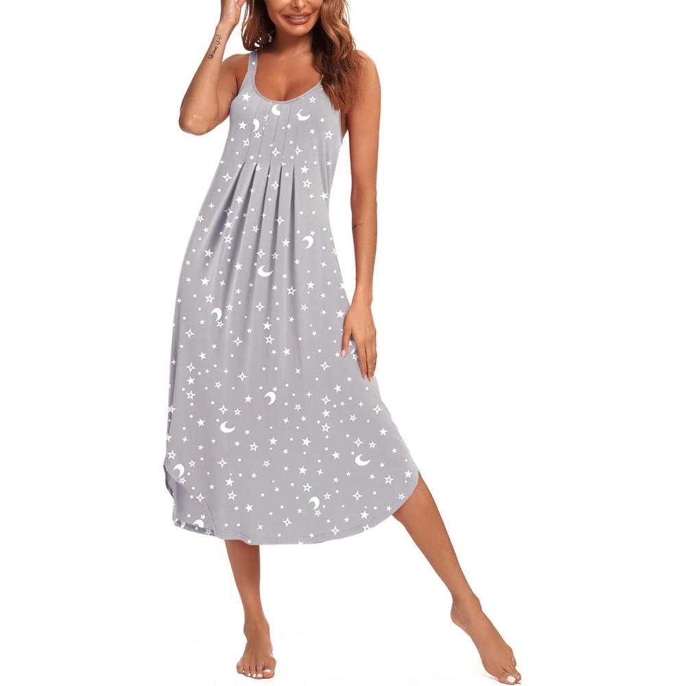 imageEkouaer Womens Sleeveless Nightgown Long Nightgowns for Women Full Slip Soft Nightshirt Wide Strap Sleepwear Lounge DressesGrey Star