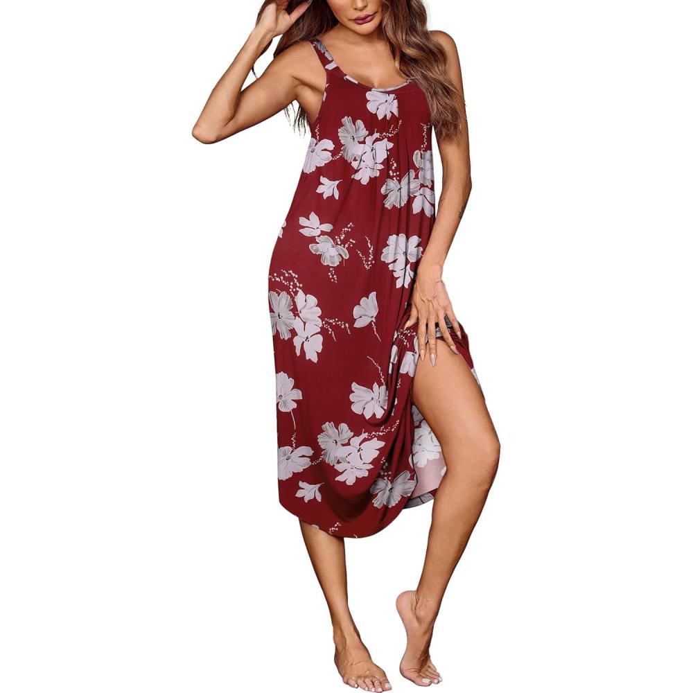 imageEkouaer Womens Sleeveless Nightgown Long Nightgowns for Women Full Slip Soft Nightshirt Wide Strap Sleepwear Lounge DressesRed Floral
